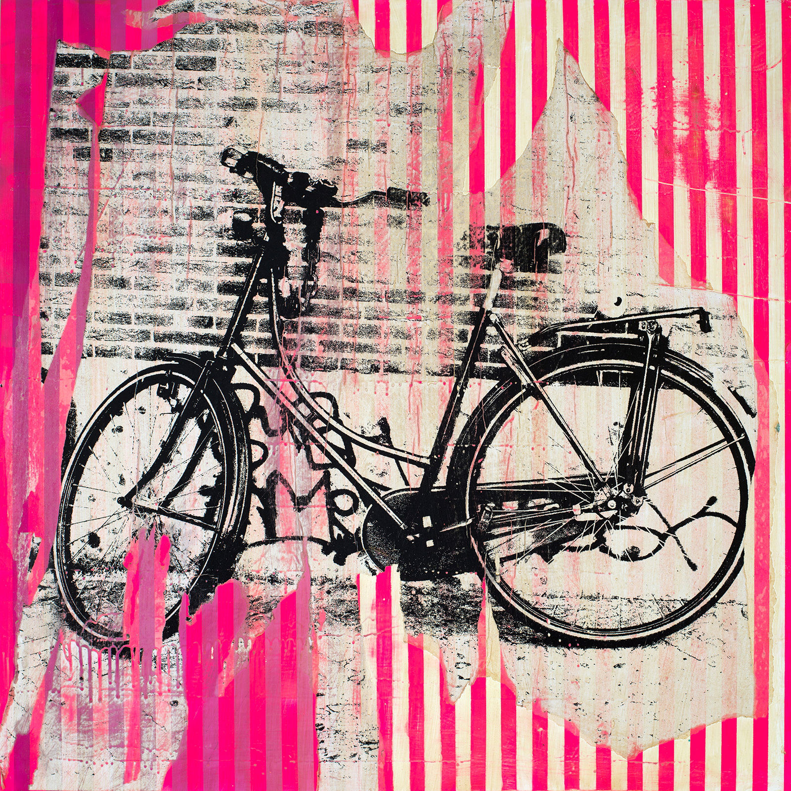A painting of a bike in Amsterdam against a graffiti covered wall. The painting has sold.