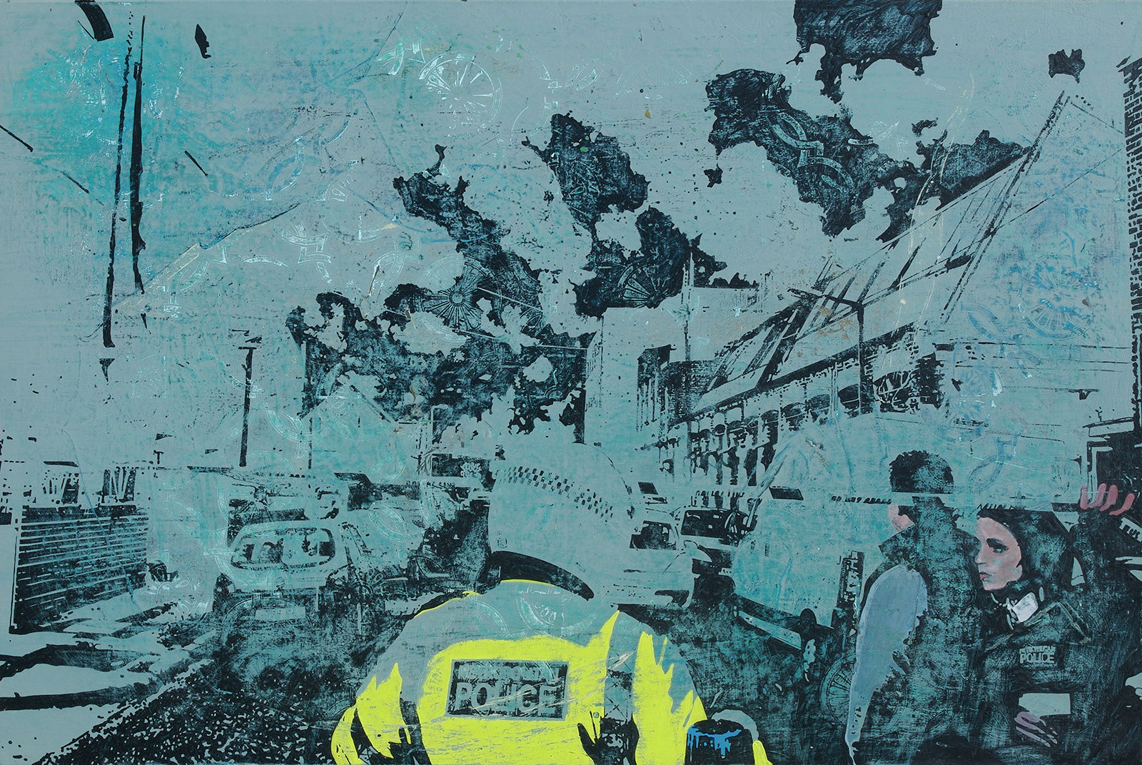 Modern art painting of police arriving at the future London Olympic Village.