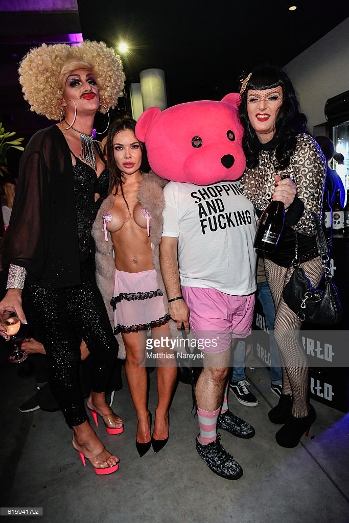 Gloria Viagra , Barbie (Agnes), Pink Bear and Sheila Wolf and attend the Moxy Berlin Hotel Opening Party on October 20, 2016 in Berlin, Germany