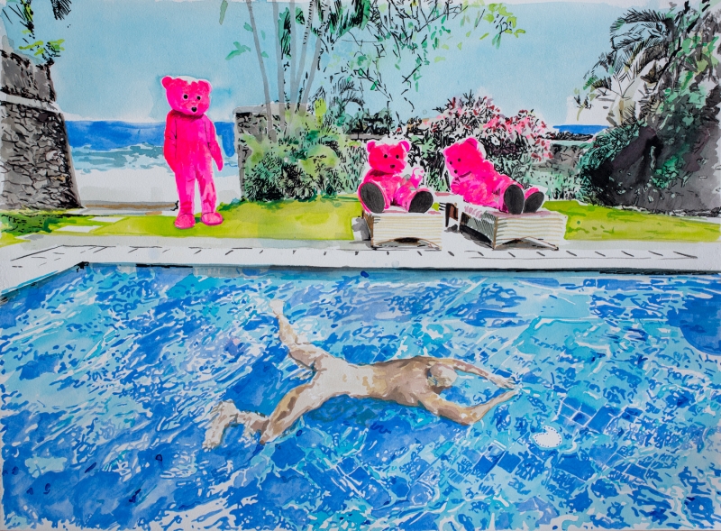 Portrait Of An Artist (One Figure And Three Bears) After Hockney study, Watercolour, 2020, from the Coming To Town series