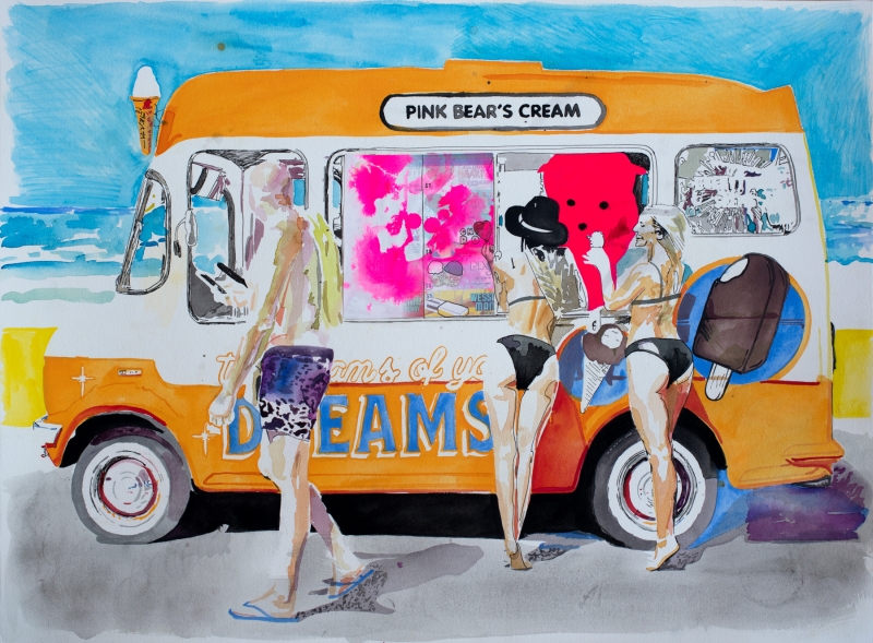 I’d Love To Be On A Beach Somewhere Warm Right Now study, Watercolour, 2020, from the Coming To Town series