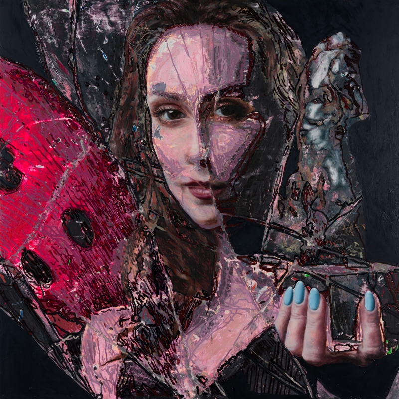 M with Scupture, Painting, 2024, from the Life Lines series
