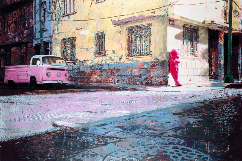 Pink Clouds And Silver Linings, Painting, 2022, from the Coming To Town series