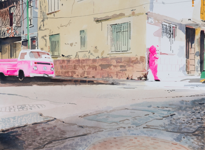 Pink Clouds And Silver Linings study, Watercolour, 2022, from the Coming To Town series