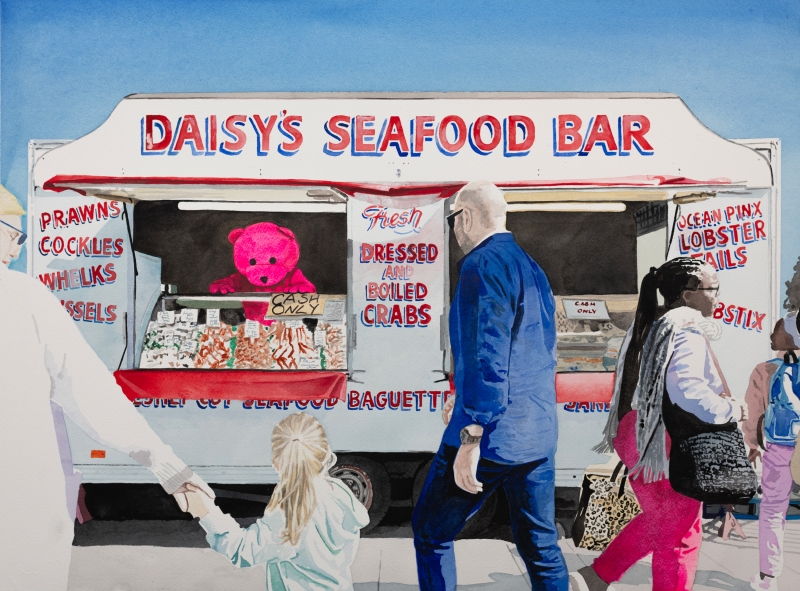Daisy's Seafood, Watercolour, 2025, from the Feels Like Home series