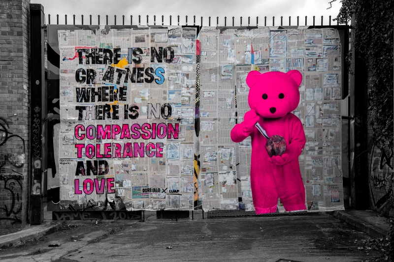 There Is No Greatness Where There Is No Compassion Tolerance and Love, Intervention, 2019, from the The Pink Bear series